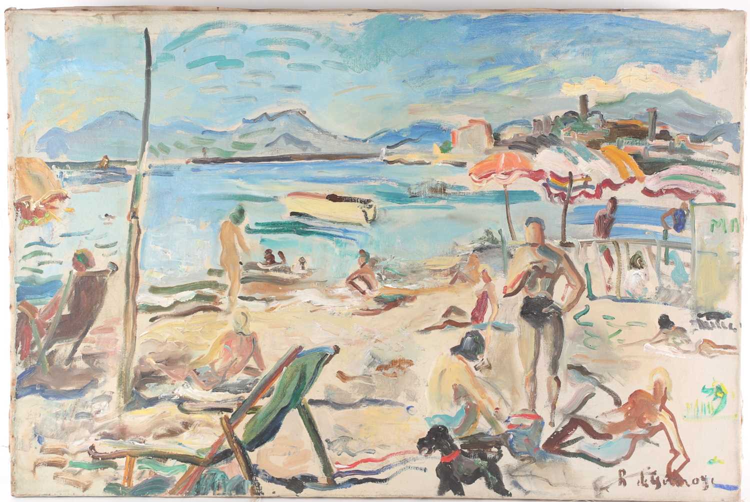 Rene de Guiroye (French, 1912 - 2000), a Mediterranean beach scene, signed, oil on canvas, 54cm x