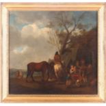 Early 19th-century landscape in the manner of Wouwerman with peasants and horses near a woodland