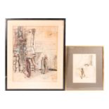 Martin Nelson (20th century), abstract figures in a town scene, pen and watercolour, 60 cm x 47