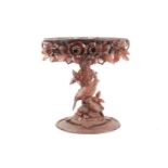 A 19th century Black Forest carved centrepiece, the pierced oval bowl with zinc liner, carved with