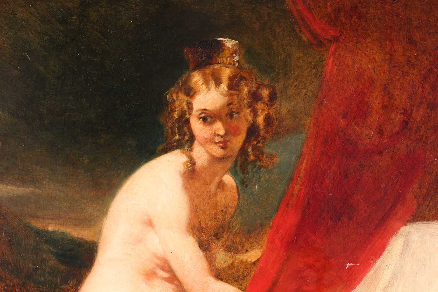 A 19th century English school, A naked artist muse seated in a studio interior, oil on canvas laid - Image 2 of 9