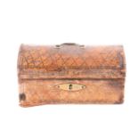 A George IV tooled leather two bottle dome top ink casket with swing bale handle with a fitted