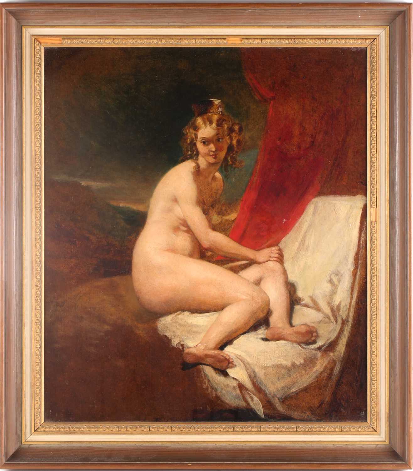 A 19th century English school, A naked artist muse seated in a studio interior, oil on canvas laid