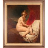 A 19th century English school, A naked artist muse seated in a studio interior, oil on canvas laid
