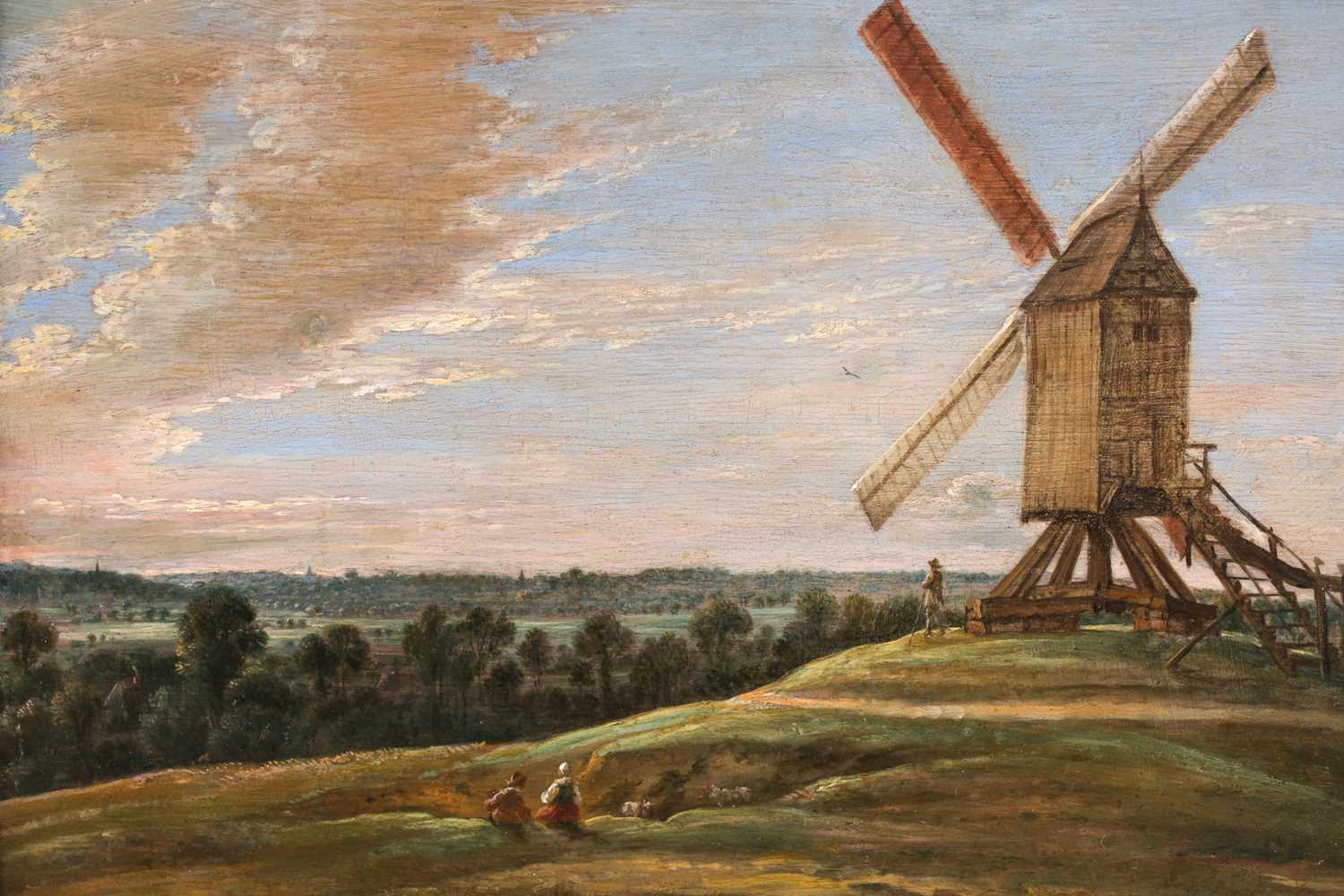 Follower of Lucas Van Uden (1595-1672), Extensive landscape with shepherds by a windmill, oil on - Image 2 of 4