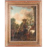 An 18th-century landscape of riders and figures and riders in a Paladian landscape near a