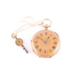 A lady's Victorian 18 carat gold open faced pocket watch; the gilt dial with applied foliate