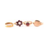 A 9ct yellow gold, garnet, and pearl floral cluster ring, size M, together with a 9ct yellow gold