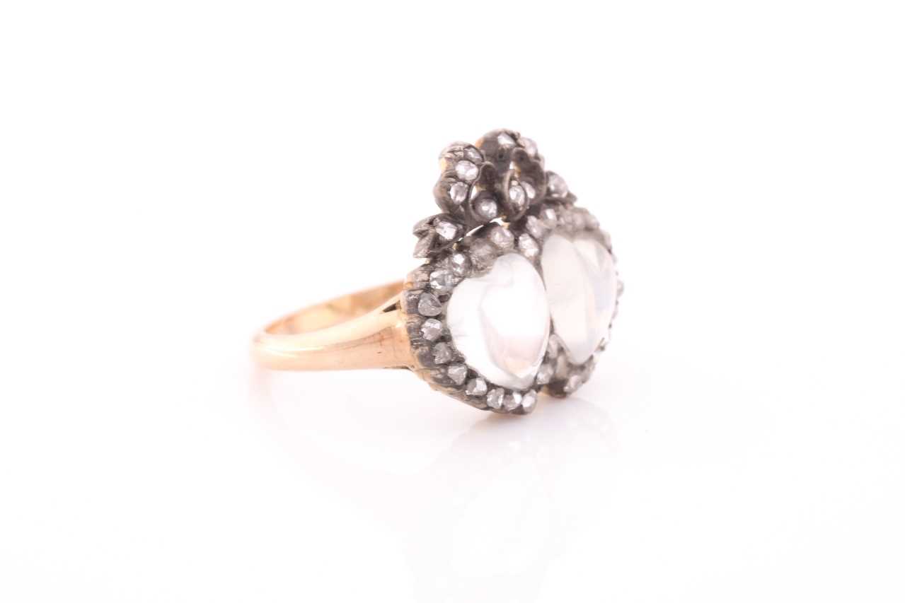 An antique diamond and moonstone double heart ring, the mount set with heart-shaped cabochon - Image 2 of 4