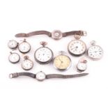 A silver half hunting cased pocket watch style wristwatch; outer enamelled chapter ring, white