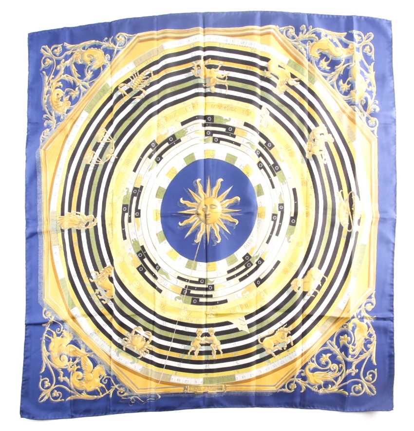 Hermes, Paris. A polychrome zodiac scarf, with dark blue border, together with a Hermes scarf with - Image 4 of 4