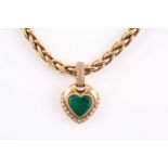An 18ct yellow gold, diamond, and green stone heart-shaped pendant, with pave-set diamond suspension