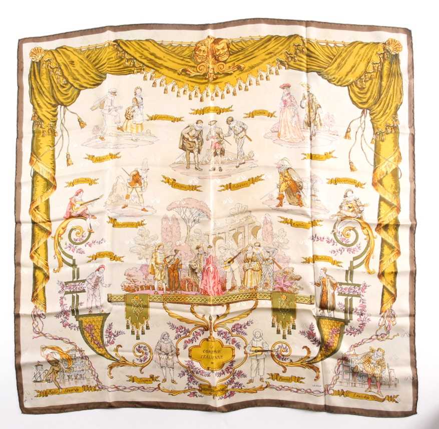 Hermes, Paris. A silk scarf depicting Italian theatrical figures including Colombine, Crispin, and - Image 3 of 4