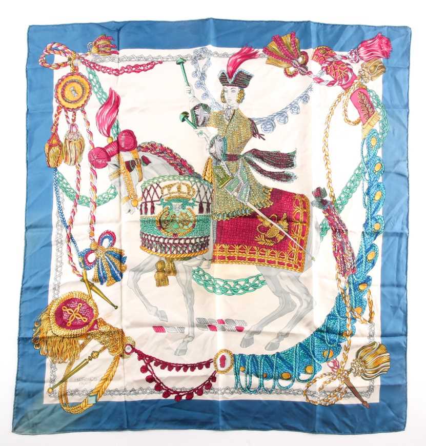 Hermes, Paris. A silk scarf depicting Italian theatrical figures including Colombine, Crispin, and