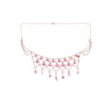 A yellow metal and pink spinel fringe necklace, suspended with faceted pink spinels, on twist-link