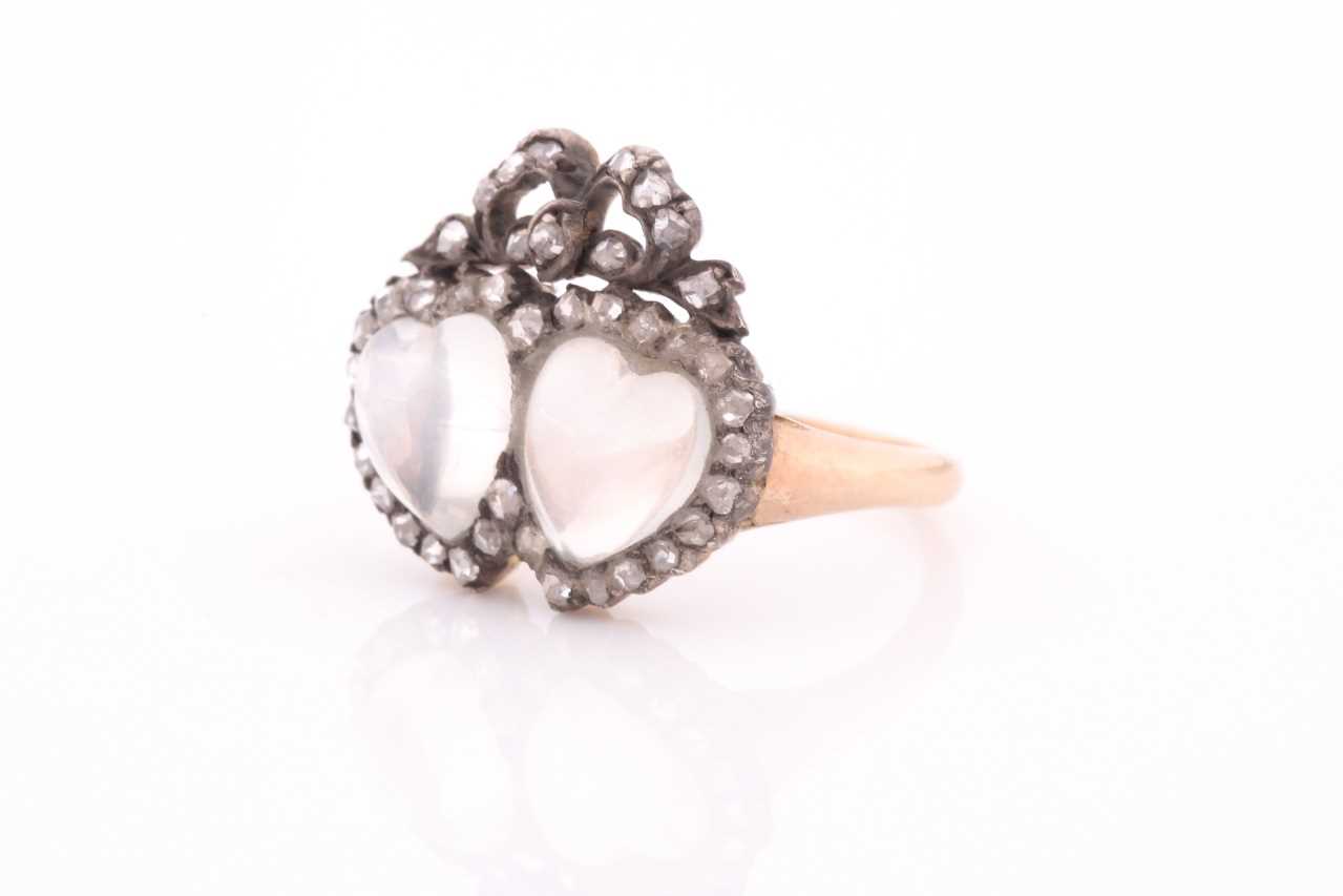 An antique diamond and moonstone double heart ring, the mount set with heart-shaped cabochon - Image 4 of 4