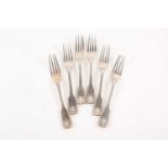A set of six Victorian cast silver "fiddle, thread and shell" pattern dessert forks. London 1842