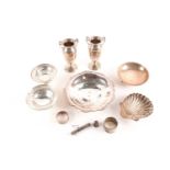 A mixed group of small silver and white metal items, to include a pair of twin-handled spill
