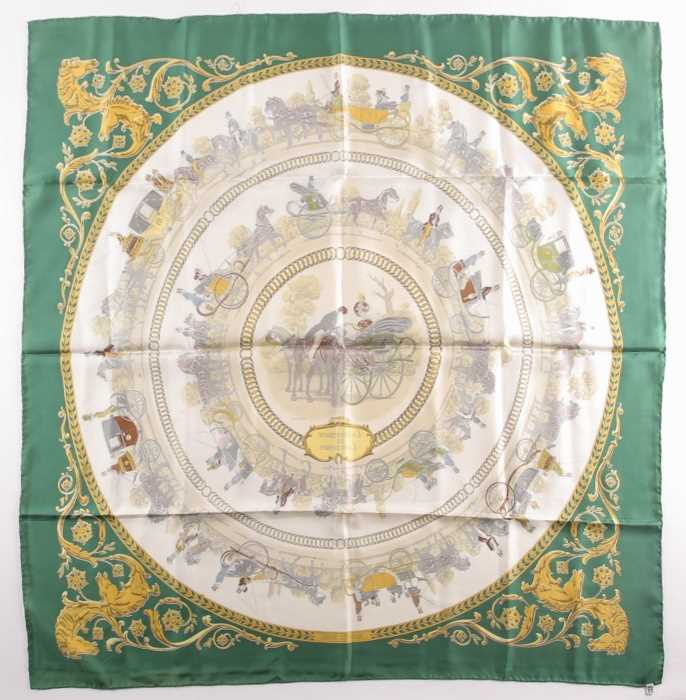 A Hermes silk square scarf printed with La Promenade De Longchamps pattern in yellow and tones of - Image 6 of 8