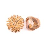 An 18ct yellow gold Italian brooch, of textured foliate design, 4 cm diameter, together with a