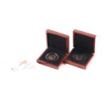 Two boxed 9ct gold proof Double Crowns, commemorating the birth of Prince George (2014) and