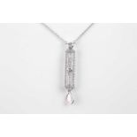 An 18ct white gold and diamond drop pendant, in the Art Deco style, set with a mixed pear-cut