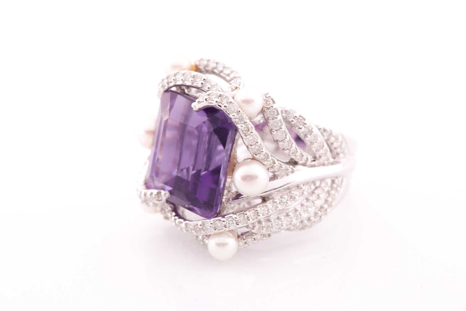 An impressive diamond and amethyst cocktail ring, centred with a mixed square-cut amethyst, - Image 2 of 6