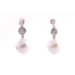 A pair of white gold, diamond, and pearl drop earrings, set with South Sea pearls, approximately
