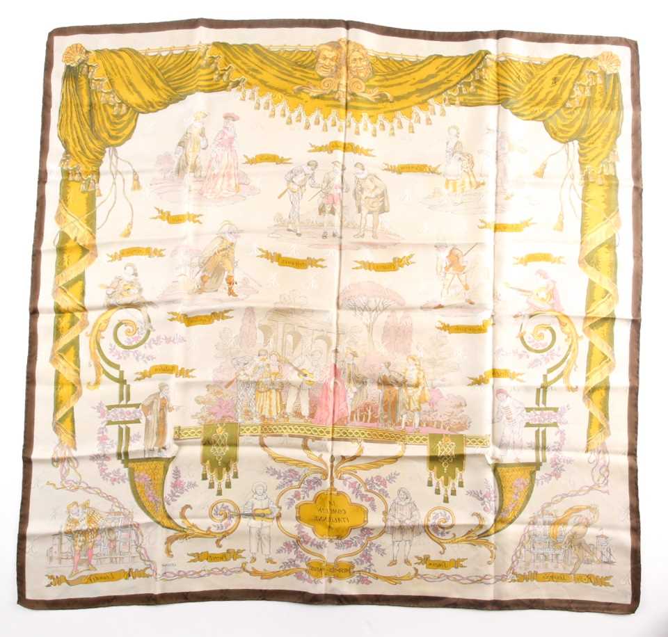 Hermes, Paris. A silk scarf depicting Italian theatrical figures including Colombine, Crispin, and - Image 4 of 4