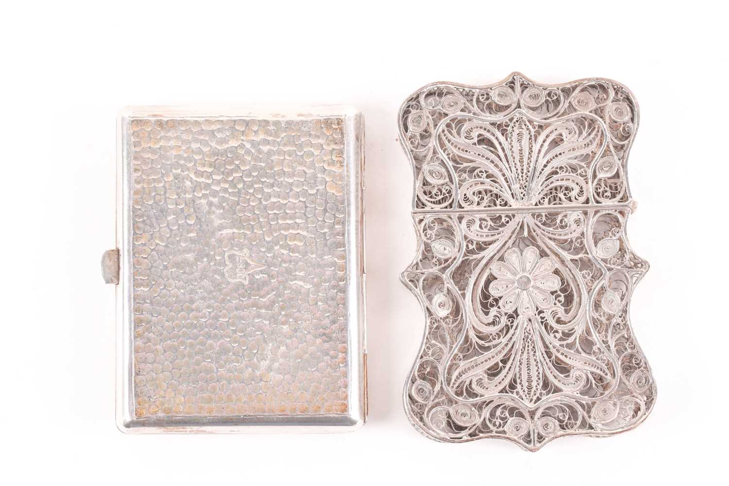 An Indian filigree white metal card case and a Tibetan white metal cheroot case, each with floral - Image 2 of 18