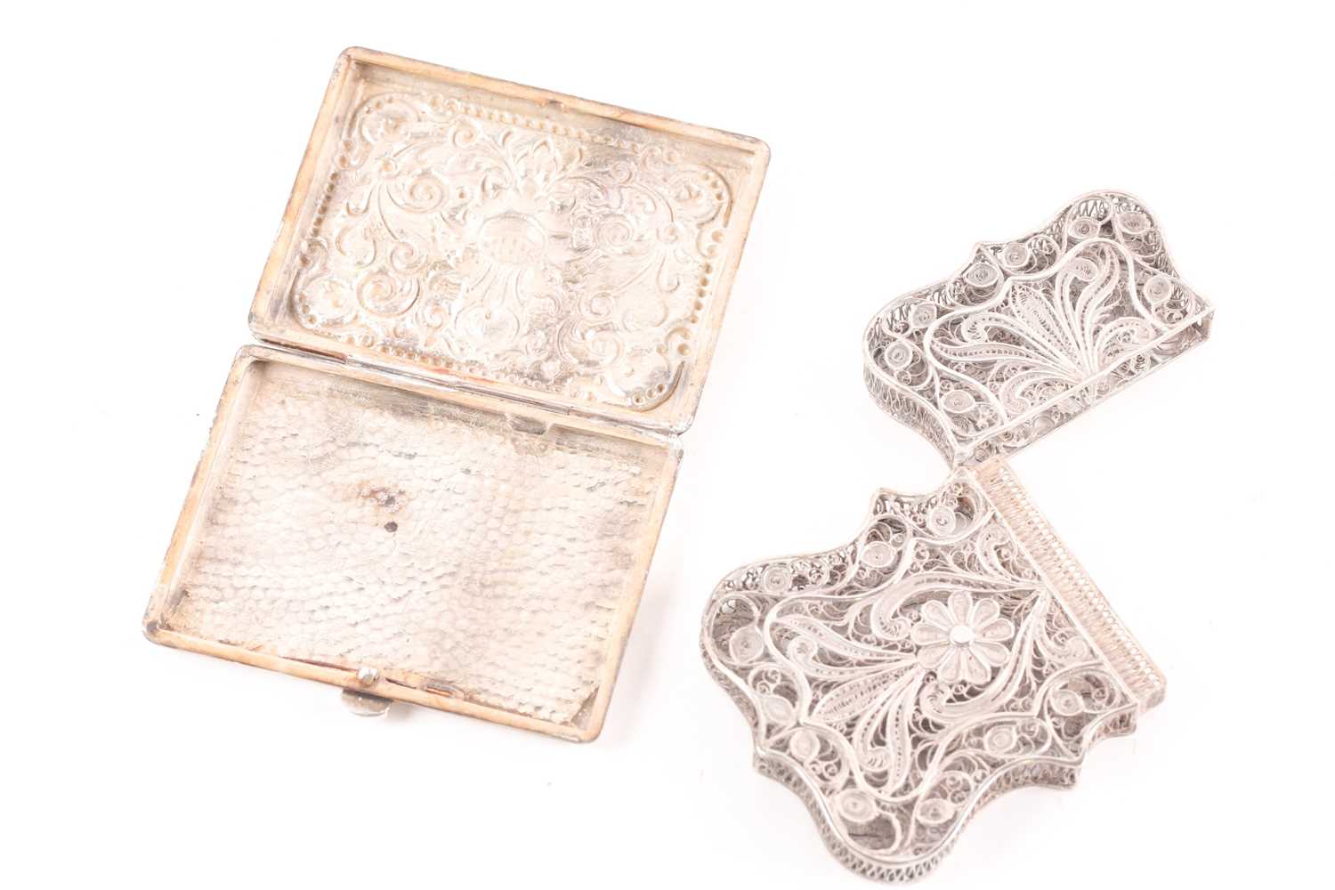 An Indian filigree white metal card case and a Tibetan white metal cheroot case, each with floral - Image 3 of 18