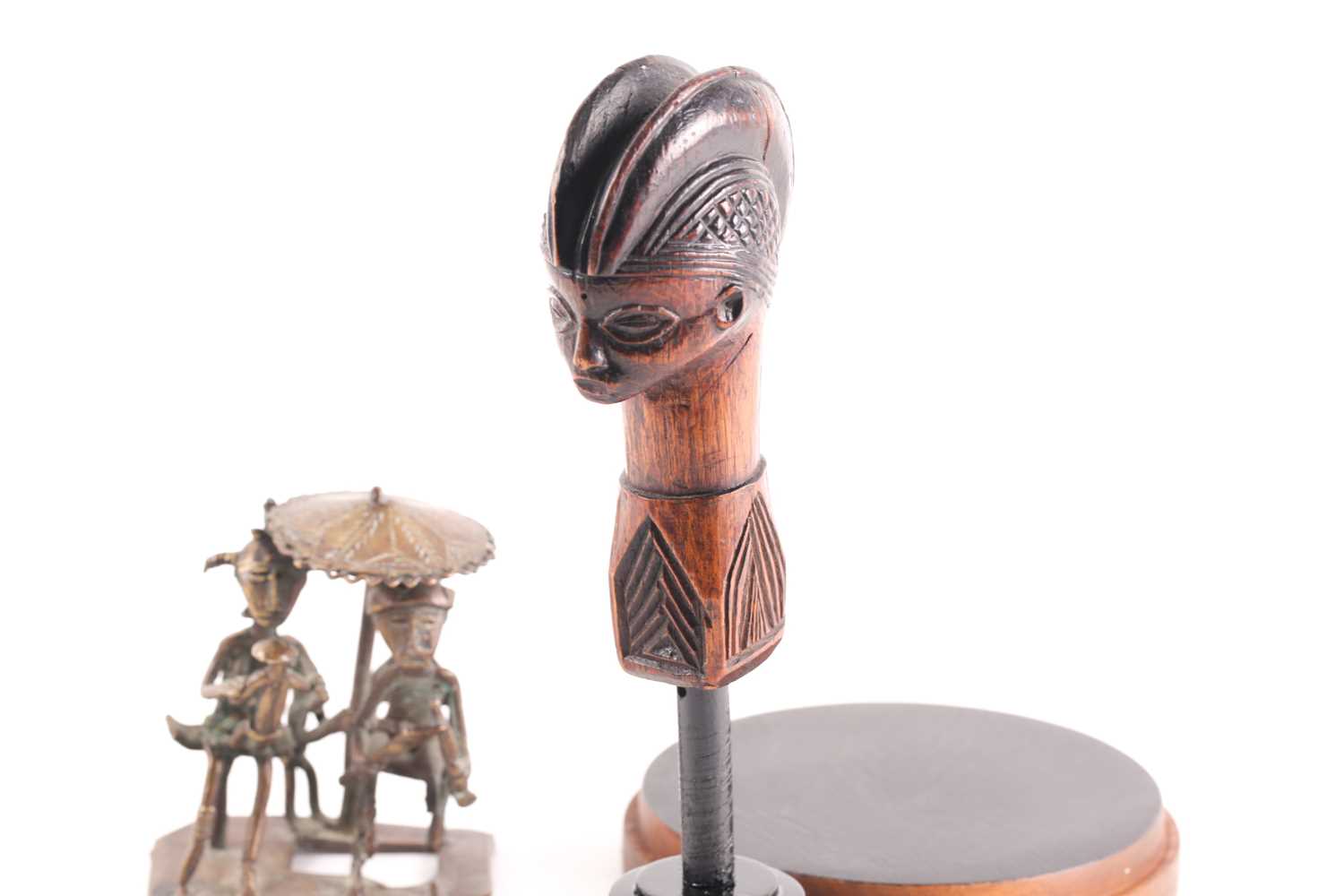 A Baule staff finial, Ivory Coast, with sculpted coiffure, on a later mount beneath a glass dome, - Image 2 of 4