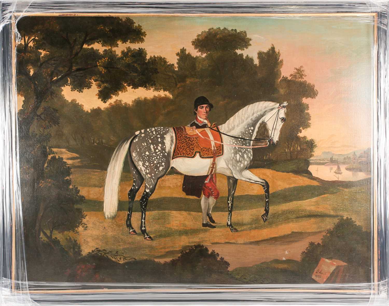 English Naive School, 18th century, Portrait of a dapple grey horse and groom in a landscape, oil on