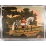 English Naive School, 18th century, Portrait of a dapple grey horse and groom in a landscape, oil on