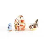 Two Royal Crown Derby Imari pattern paperweights, modelled as a monkey group and a Bluetit, each
