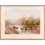 20th century British school, a group of cattle in shallow water, unsigned watercolour, 37 cm x 54