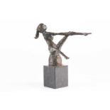 A 20th century school abstract, patinated bronze figure of a reclining nude female reaching to