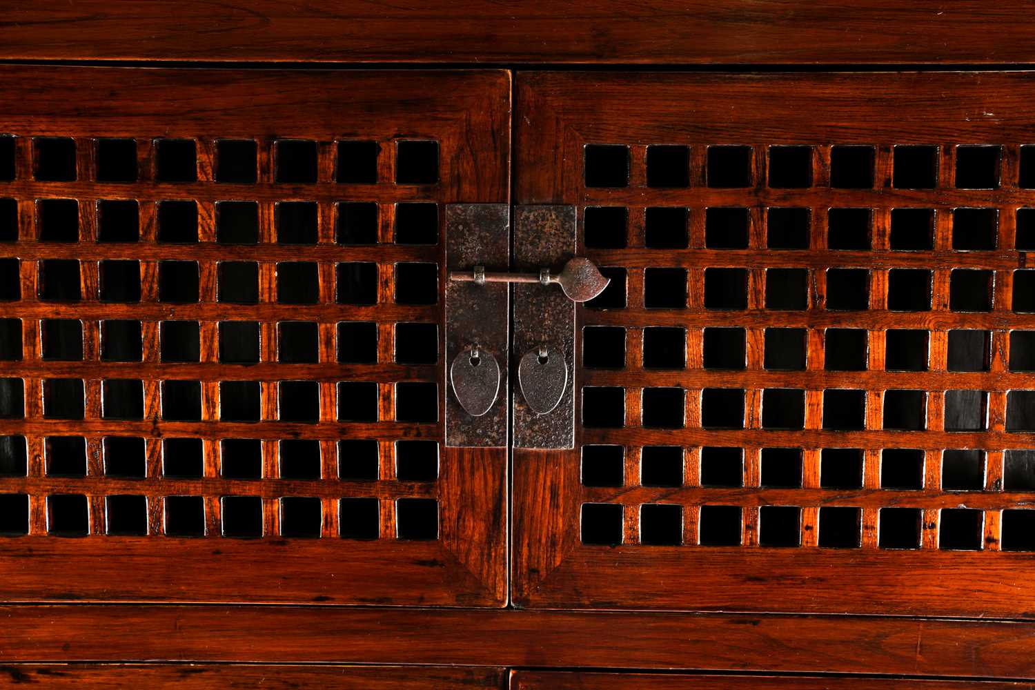 A Chinese elm standing corner food cupboard with four pairs of lattice cupboard doors with rustic - Image 4 of 5