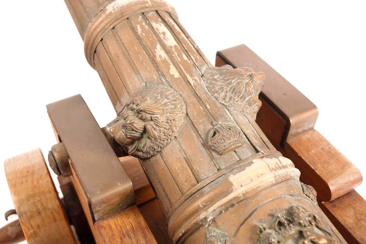 A late Victorian turned and carved wood model deck canon with lions masks and applied military - Image 4 of 7