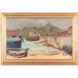 20th century British school, a harbour scene at low tide, children playing on the sand, unsigned oil