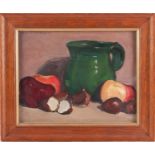 Edmond-Henri Zeiger De Baugy (1895-1950) Swiss, a still life study of fruit and a green jug, oil