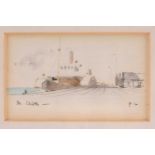 Sir Hugh Casson (1910-1999), a miniature watercolour and pencil study, depicting a ship in port,