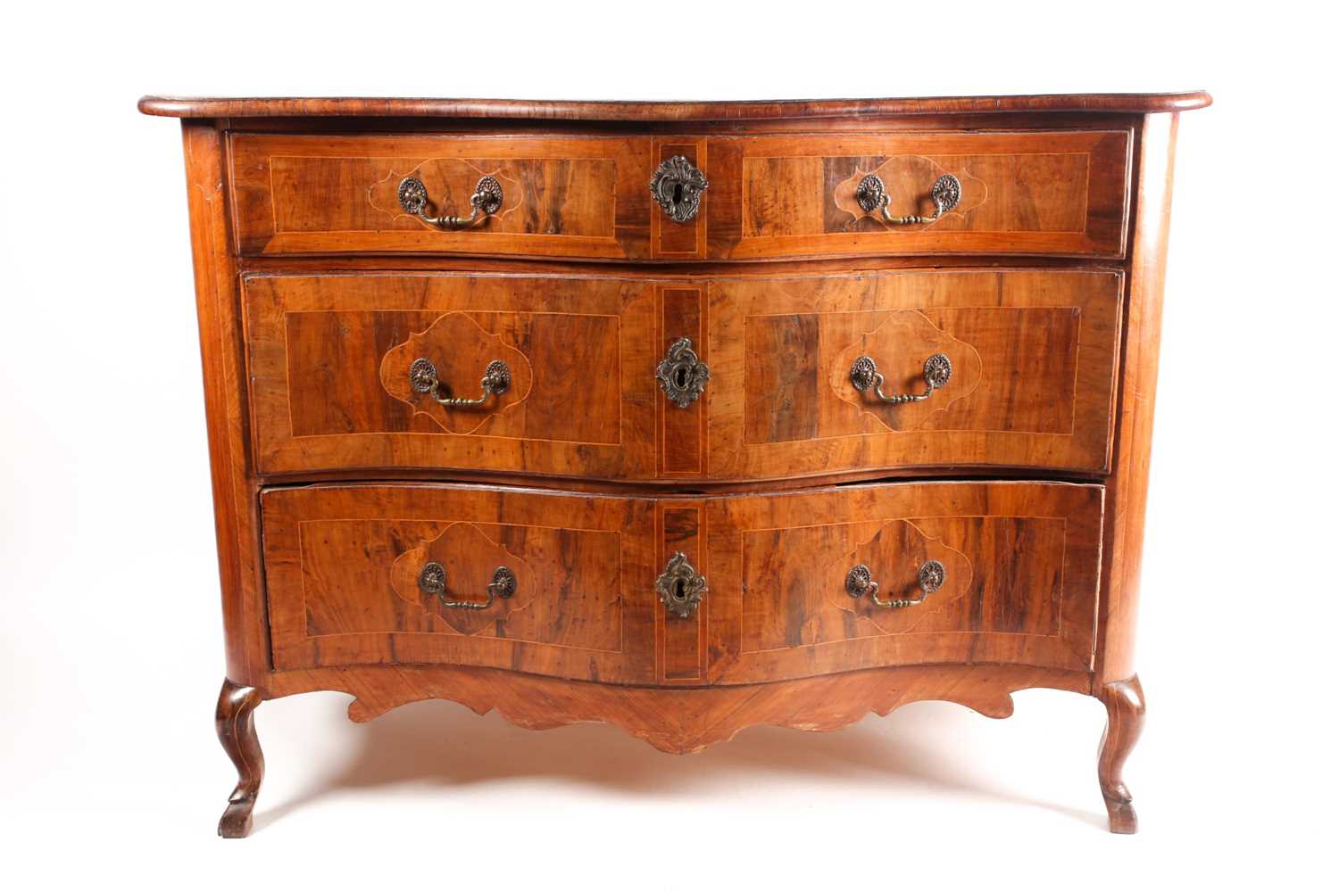 A probably Maltese 18th-century olive wood and walnut serpentine commode. With parquetry decorated