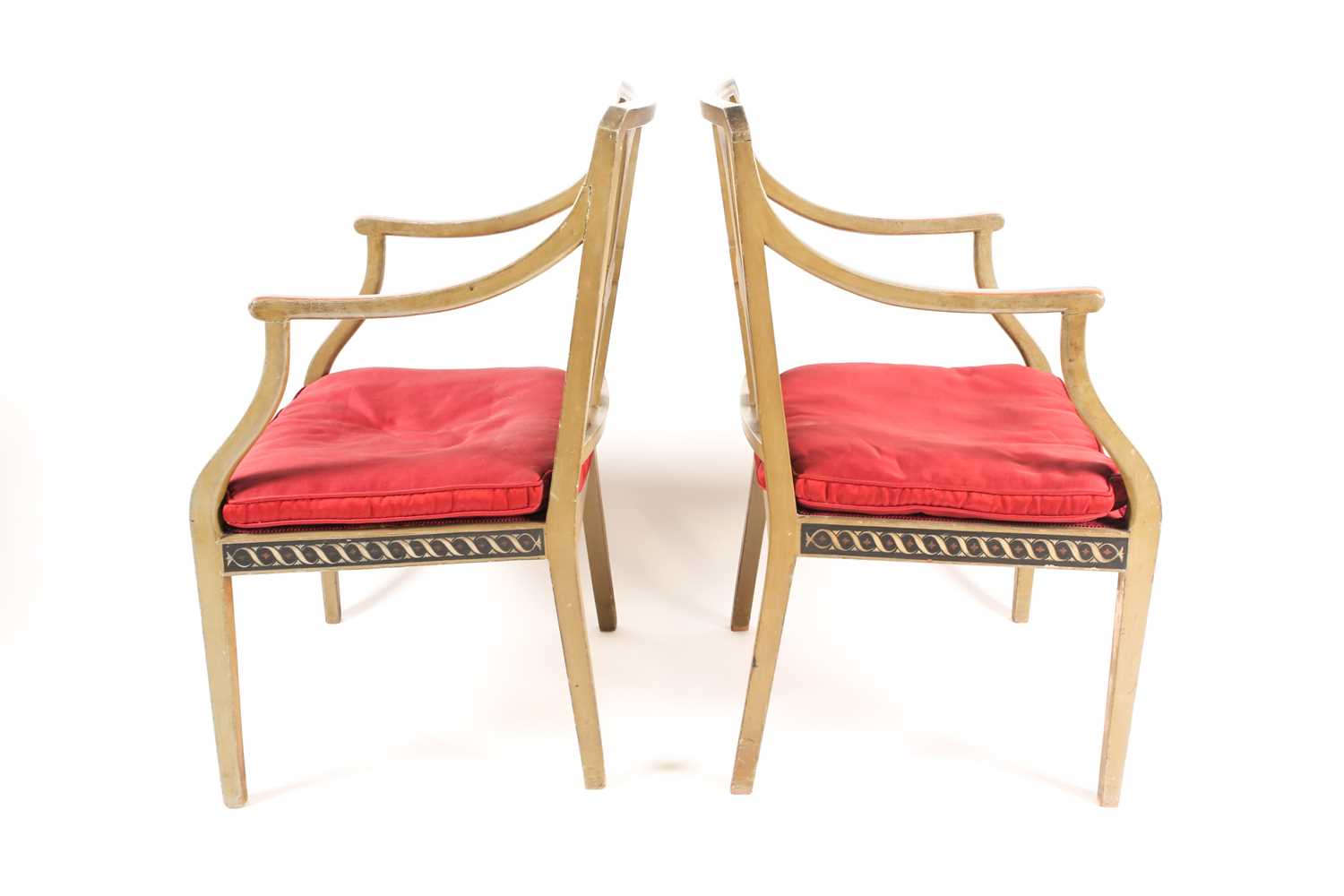 A pair of Sheraton style pale green painted open arm elbow chairs. With trompe l'oeil faux carved - Image 3 of 11