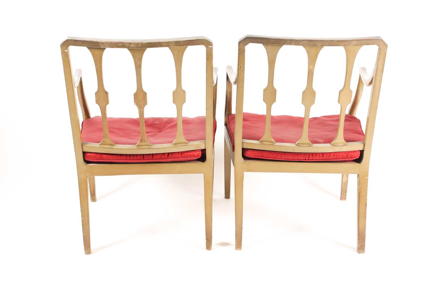 A pair of Sheraton style pale green painted open arm elbow chairs. With trompe l'oeil faux carved - Image 4 of 11