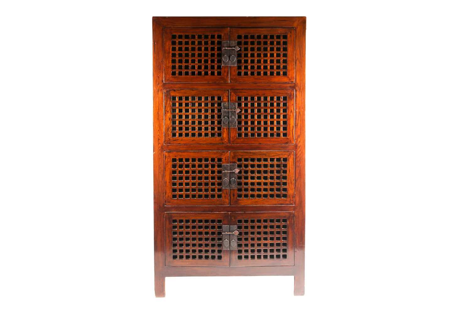 A Chinese elm standing corner food cupboard with four pairs of lattice cupboard doors with rustic