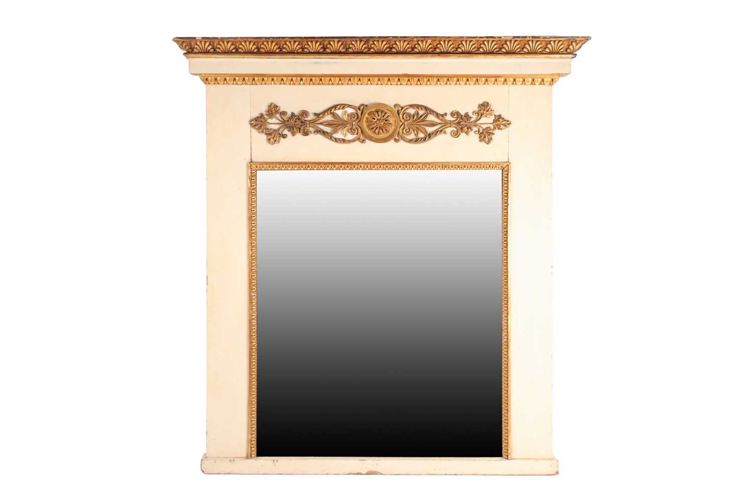 An early 19th rectangular French Empire ivory painted and parcel-gilt overmantle wall mirror.