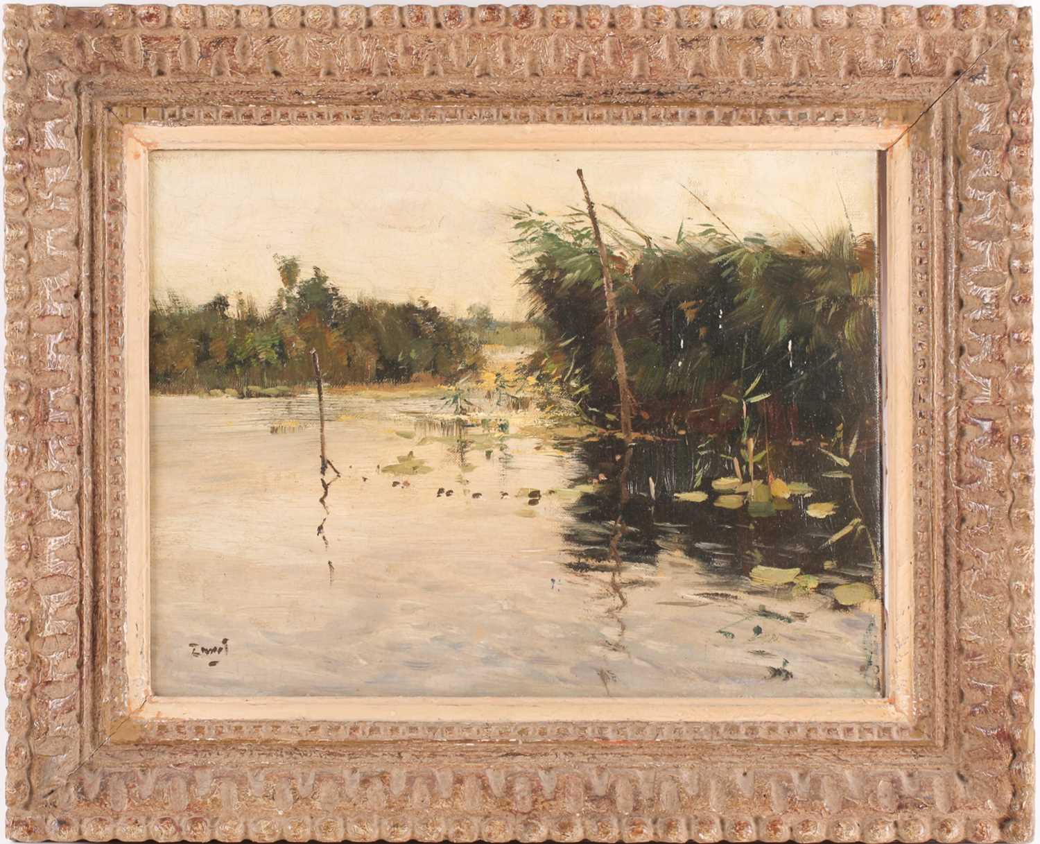 Adrianus Johannes Zwart (1903-1981) Dutch, a quiet river scene with reeds and lily pads, framed