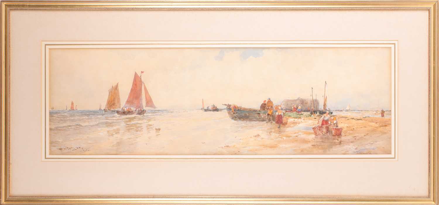 Thomas Bush Hardy (1842-1897), 'Le Portel', a coastal landscape with boats and figures, watercolour,