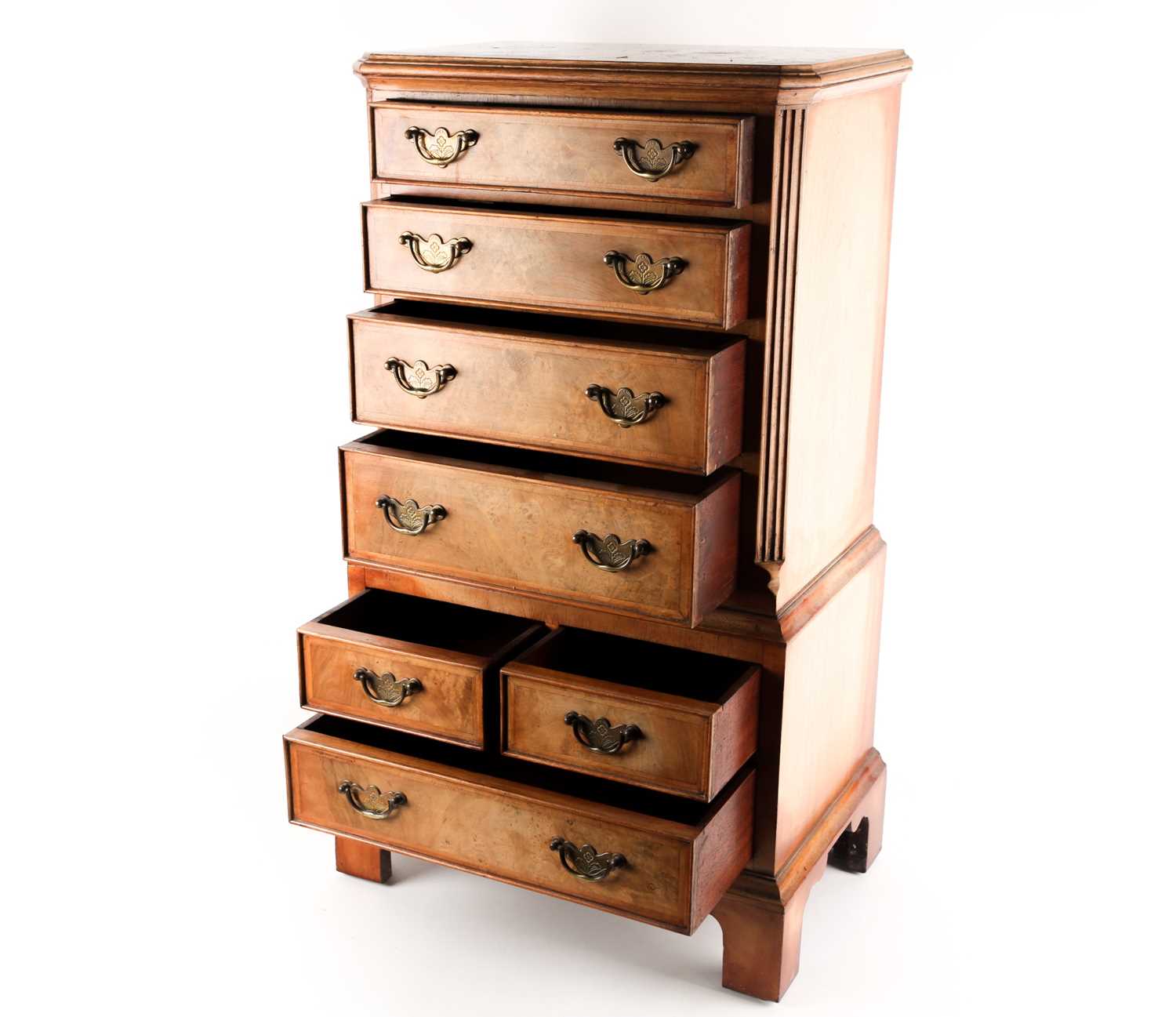 A George II style miniature walnut chest on chest with canted upper section fitted four long drawers - Image 3 of 5